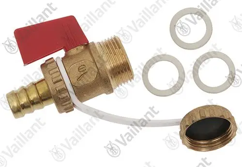 Vaillant Entleerungsventil mit rotem Hebel und Zubehörteilen, einschließlich Dichtungen. Ventil mit Anschluss und Schutzkappe, hergestellt aus Messing.